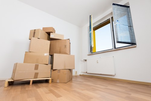 Newly moved household boxes arranged in a Hamptonhill home
